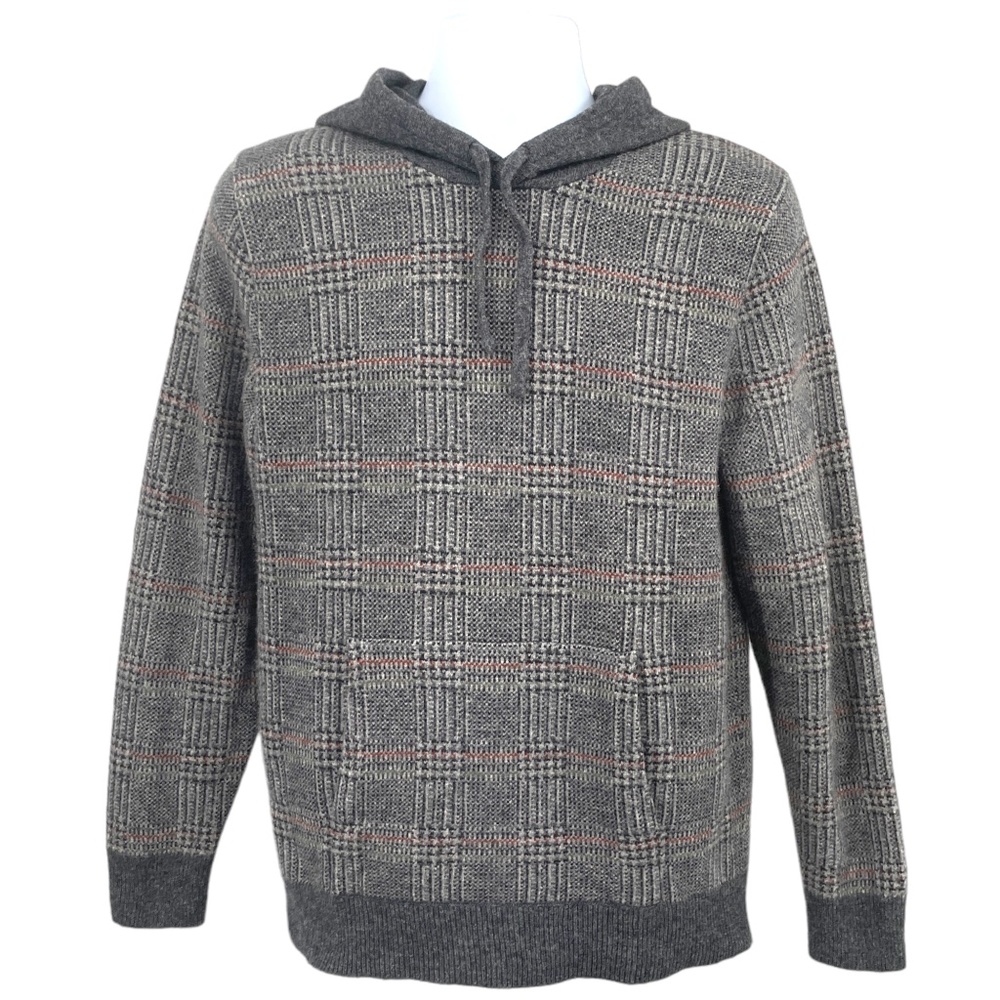 J.Crew Rugged Merino Wool Pullover Hoodie in Glen Plaid, Grey, Size M